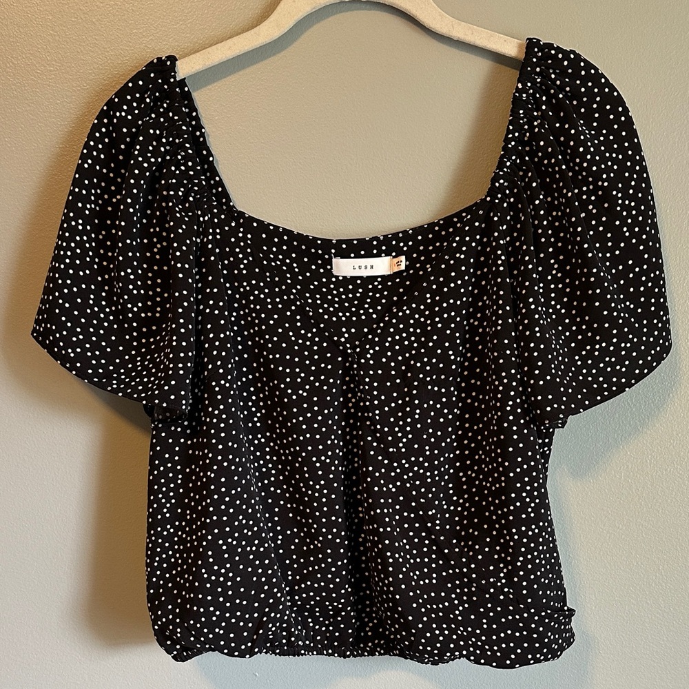 Lush Black and White Dotted Wrap Blouse